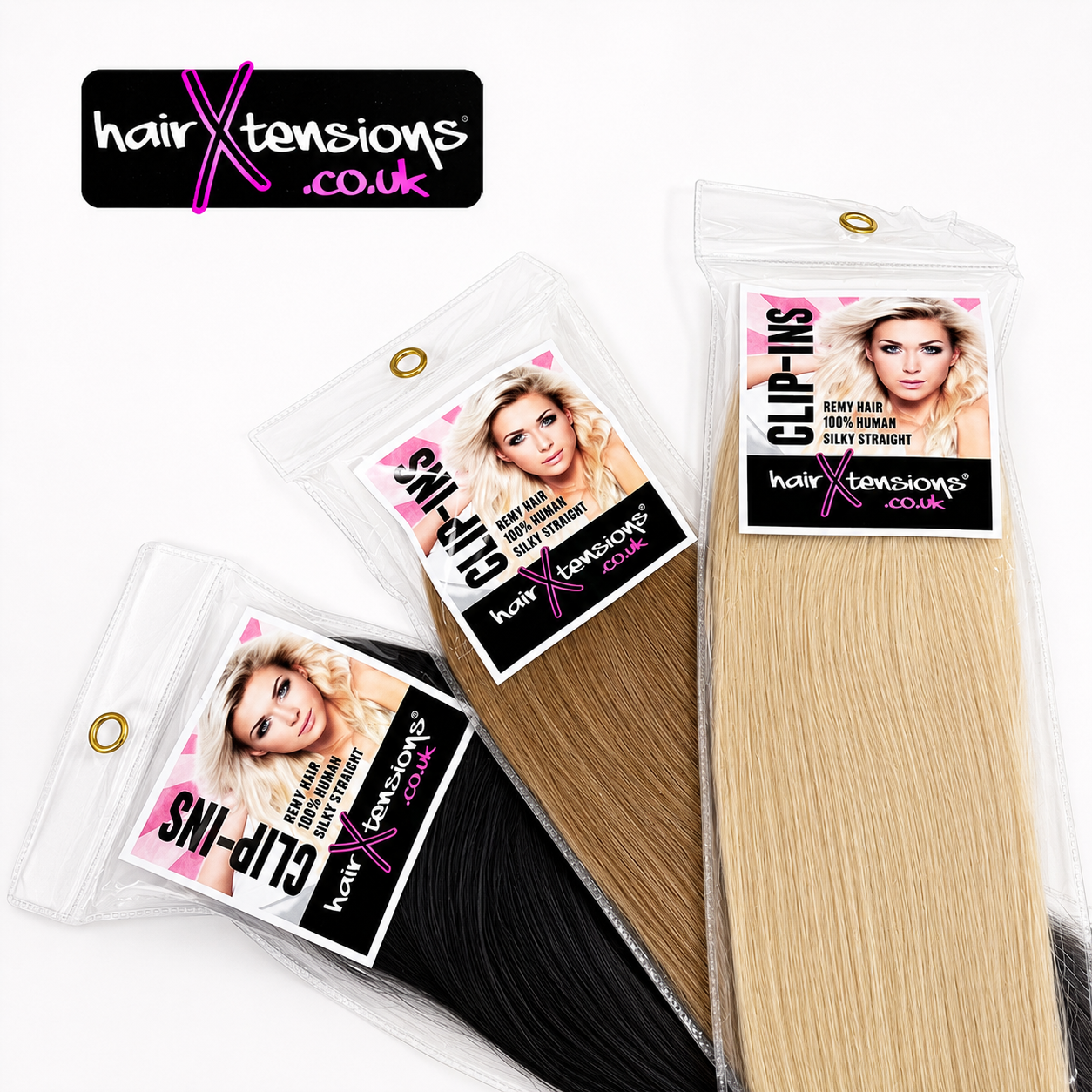Packaged HairXtensions Remy clip-in hair extensions with silky straight human hair