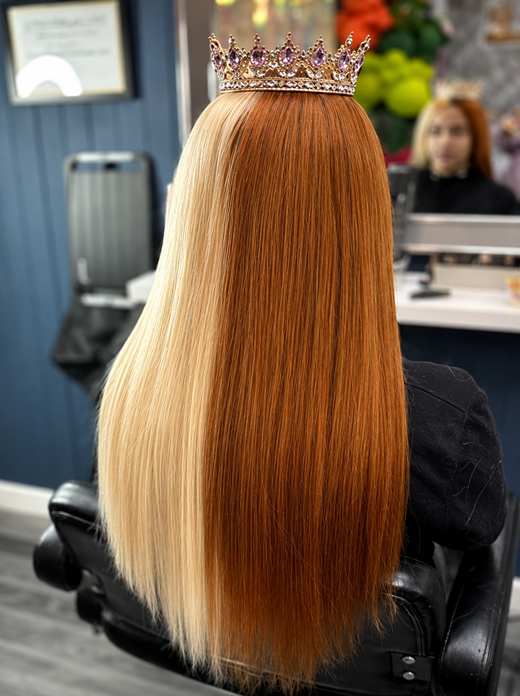 Copper and blonde split colour hair extensions styled straight 