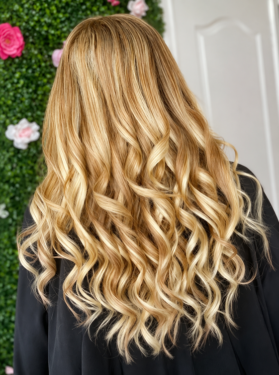 Golden blonde hair extensions styled in loose curls 