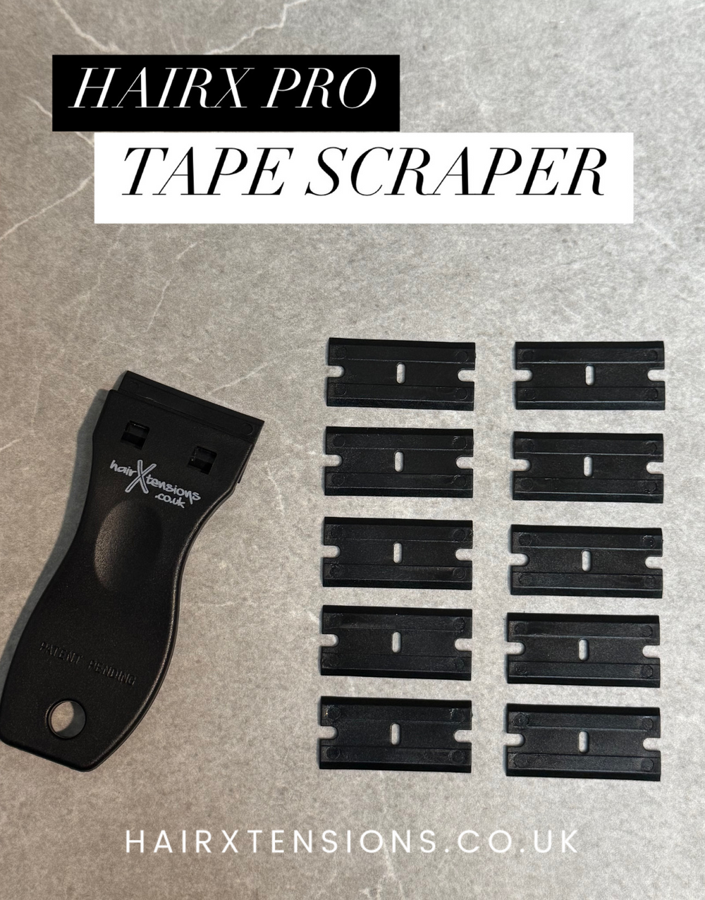 HairX Pro tape removal scraper tool with replacement blades for cleaning Tape-In hair extensions