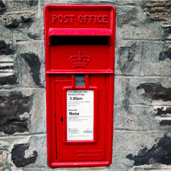 UK Royal Mail postbox representing HairXtensions order dispatch