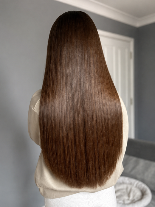 Long straight brunette hair extensions with a smooth glossy finish 