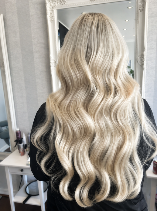 Long platinum highlighted hair extensions styled wavy with a smooth finish